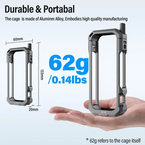 Vista 9 de SIRUI Jaula de cámara para Insta360 X3, funda protectora de aluminio para Insta360 X3 con cubierta de lente, dedos plegables, rosca de 1/4 pulgadas