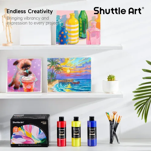 Vista 7 de Shuttle Art 12 colores de pintura acrílica, botellas de 250 ml/8.45 oz, juego de pintura acrílica, pigmentos ricos, suministros de pintura a granel