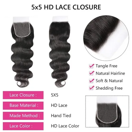 Vista 4 de Beauty Forever Cierre de encaje HD 5 x 5, cabello humano virgen sin procesar, cierre de encaje transparente, parte libre, cabello prearrancado