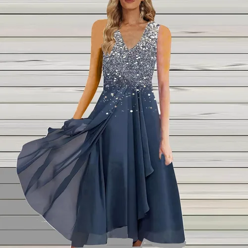 Vista 2 de LMSXCT Vestido de gasa de talla grande para mujer, sin mangas, cuello en V, casual, con volantes, para bodas, cócteles, fiestas, maxi vestidos