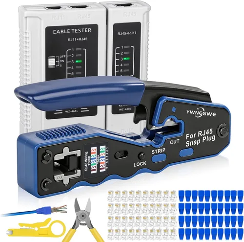 Vista 8 de Kit de Herramientas de Crimpado RJ45 Pass Through Crimpadora Ethernet para Enchufes Modulares Cat5e Cat6 Cat6a 8P8C, Herramienta de Crimpado Cat6