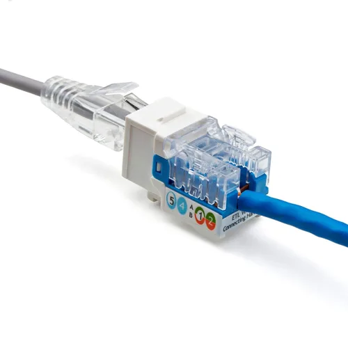 Vista 104 de TRUE CABLE Conector Keystone Cat5e, sin blindaje (UTP), perforado de 90 grados, PoE++ (4PPoE) 100W, certificación UL, verificado ETL, certificado