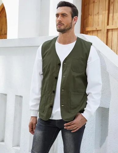 Vista 4 de Gihuo Chaleco de viaje para hombre, casual, con múltiples bolsillos, cuello en V, con botones, de algodón, chaleco de trabajo Verde militar