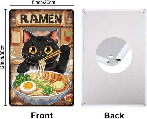 Vista 2 de GLOBLELAND Letrero de metal de ramen de gato negro de 12 x 8 pulgadas, letrero de decoración de gatitos y fideos, placa de metal de pared