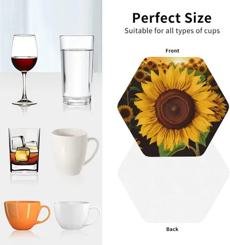 Vista 9 de Hermoso juego de 4 posavasos de cuero con estampado de girasol, impermeables, antiquemaduras, para sala de estar, mesa de café de 4 pulgadas Hexágono
