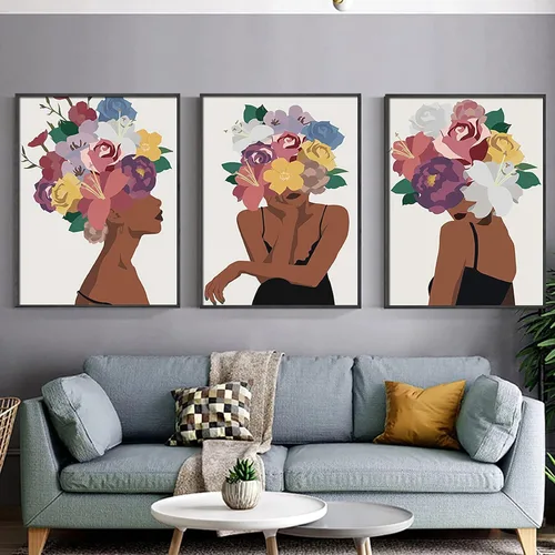 Vista 5 de Juego de 3 pinturas de pared afroamericanas con diseño de flores negras para mujer, diseño de cabeza negra, pintura en lienzo, cuadros sin marco