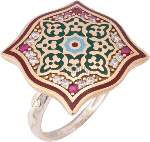 Vista 3 de Motif Style Turkish Handmade All Authentic Jewelry Red Enamel Round Cut Ruby Topaz 925 Sterling Silver Ring Size All