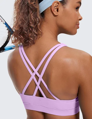 Vista 3 de CRZ YOGA - Top deportivo con tirantes delgados para mujer, brasier deportivo acolchado para yoga, entrenamiento y fitness, con espalda cruzada