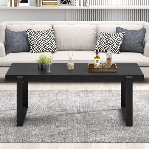 Vista 6 de FOLUBAN Mesa de café negra, mesa central moderna de madera y metal industrial, mesa rectangular de cóctel y té para sala de estar, 47 pulgadas