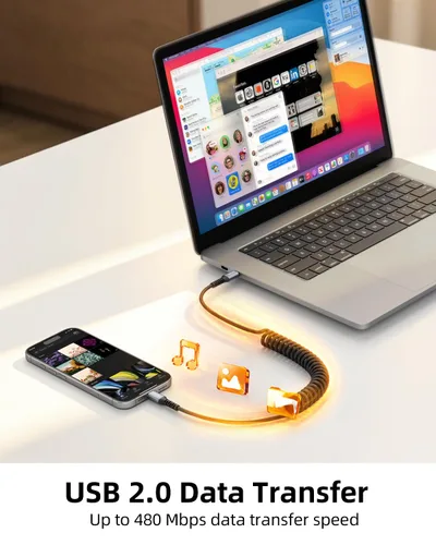Vista 6 de Cable USB C a USB C en espiral corto de 1 pie, paquete de 2 unidades, cable