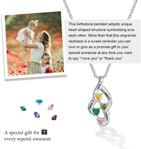Vista 4 de Collar personalizado de plata de ley, collar con colgante de piedra natal de la madre con nombres grabados, collar familiar para mujer, Metal