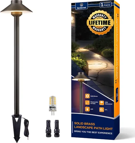Vista 26 de Gardenreet Luces de camino de latón para exteriores, iluminación de camino de paisaje de bajo voltaje con cable, luz LED de pasarela de 12 V