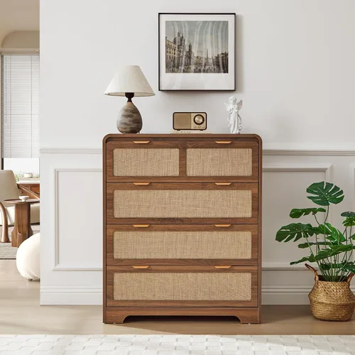 Vista 8 de Cómoda moderna de mediados de siglo para dormitorio con 4 cajones, cómoda de 35 pulgadas de alto con lino natural, cómoda de madera curvada