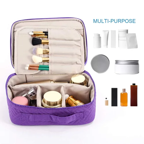 Vista 2 de WEIBIN Bolsa de maquillaje de viaje, bolsa de aseo personal, organizador de cosméticos con divisores ajustables y soporte para brochas para bolso