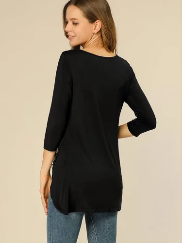 Vista 5 de Allegra K Túnica para mujer, ajuste holgado, cuello redondo, manga 34, manga 34