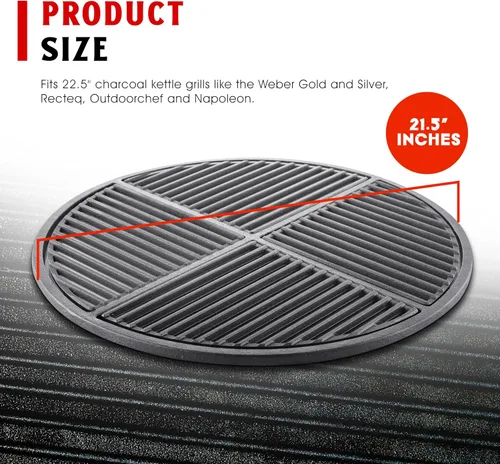 Vista 2 de Rejilla de hierro fundido pretemperada modular Craycort, se adapta a parrillas de hervidor de 22.5" como Weber y SnS Grills. Rejilla resistente