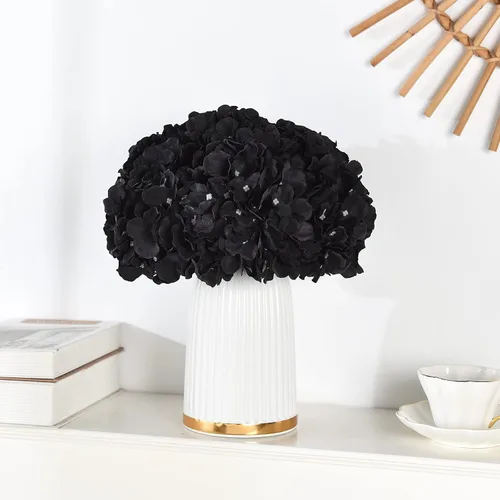 Vista 3 de 10 cabezas de hortensias de seda con tallos de flores artificiales para bodas, fiestas, decoración del hogar (negro)