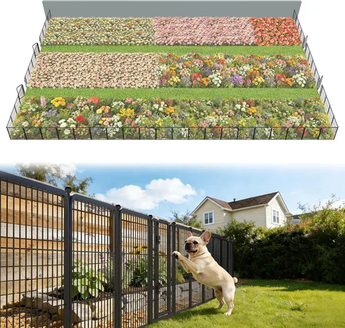 Vista 12 de FXW Valla de jardín al aire libre para el patio, 17 pulgadas de alto x 29.3 pies de largo, barrera de metal resistente para animales, para perros
