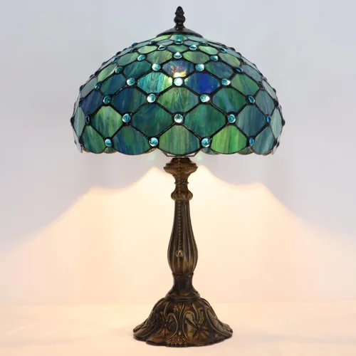 Vista 5 de Tiffany Lamp Stained Glass Table Lamp Bedside Reading Light W12H19 Inches (Sea Blue Pearl Style)