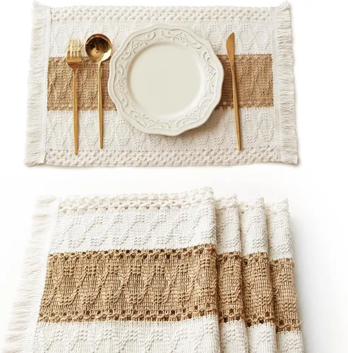 Vista 11 de FEXIA Juego de 6 manteles individuales bohemios, decoración de mesa de macramé y manteles individuales estilo casa de campo de arpillera de algodón