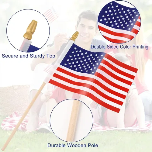 Vista 3 de AUGSHY Banderas pequeñas de mano estadounidenses, paquete de 22 banderas americanas pequeñas en palo, bandera estadounidense en palo de 5 x 8