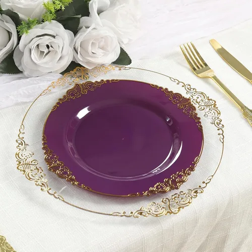 Vista 44 de Efavormart - Paquete de 10 platos de postre barrocos negros y dorados de 8 pulgadas, platos de aperitivo resistentes con borde metálico en relieve