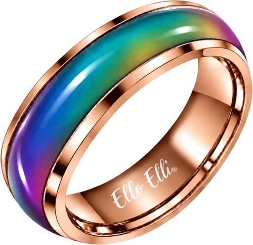 Vista 10 de Ello Elli - Anillo de humor de 6 mm actualizado hecho de acero inoxidable - Cristales multicolor de arcoíris - Banda de ajuste cómodo - Anillo retro
