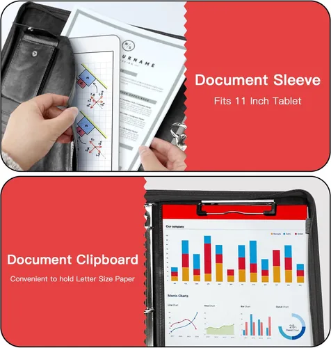 Vista 3 de Organizador de Portafolio con Cremallera, WRIYES Portafolio de Cuero con Carpeta de 3 Anillas, Carpeta Profesional de Negocios, Organizador