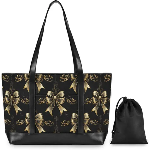 Vista 2 de Bolso de mano moderno con lazo vintage en negro y dorado para mujer con cremallera, bolsa grande para gimnasio con artículos esenciales de viaje