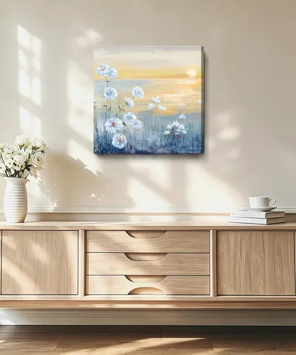 Vista 27 de Arte de pared para decoración de baño, imagen de playa azul, tema oceánico, impresión en lienzo de flores, pintura moderna de paisaje marino