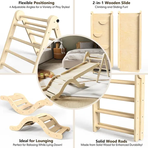 Vista 6 de doowroodni Juego de triángulo Pikler 7en1 Juguetes de escalada para niños pequeños de interior Juguetes de escalada plegables para bebés de madera