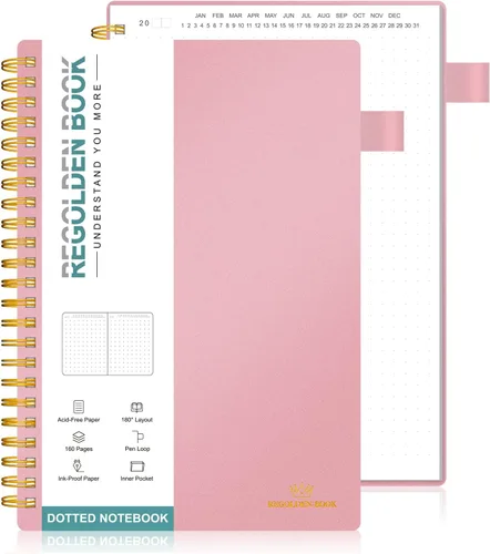 Vista 8 de Regolden-Book Cuaderno en espiral sin fecha de puntos, tamaño A5, cuaderno de diario con cuadrícula media, cuaderno espiral grueso con portapluma