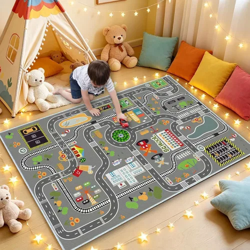 Vista 14 de Alfombra de juego para niños, ideal para jugar con autos y juguetes, alfombra educativa de carretera y tráfico para niños, alfombra divertida