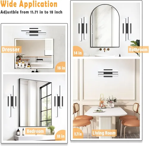 Vista 5 de Barra de luz LED para tocador de baño de 18 pulgadas, accesorio de iluminación sobre espejo de 18 W, 5000 K, barra de luz negra para tocador