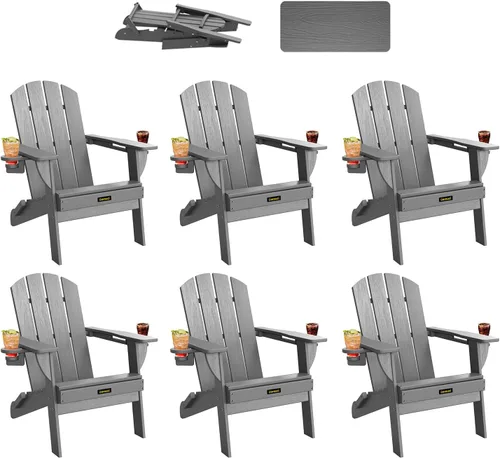 Vista 21 de Silla Adirondack Plegable, Sillas Adirondack de Plástico con Textura de Madera con 2 Portavasos, Silla para Hoguera de HDPE Resistente a