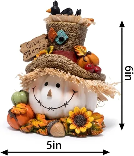 Vista 3 de Hodao Decoraciones de calabaza de Acción de Gracias, figura de resina de otoño con sombrero de paja, pájaros, bellotas y girasoles, letrero