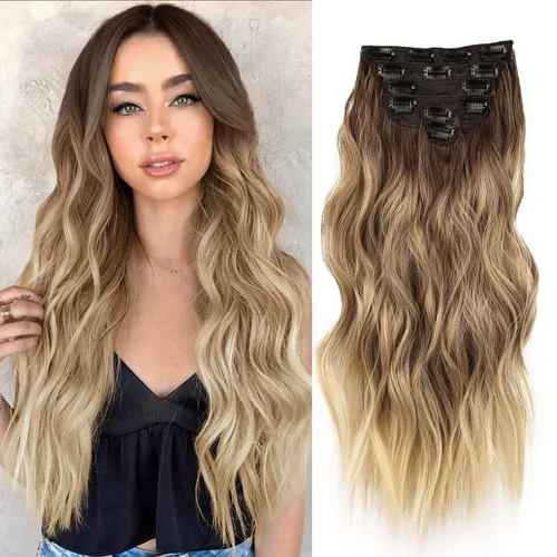 Vista 33 de NAYOO - Extensiones de cabello con clip, extensiones sintéticas onduladas de 20 pulgadas, 6 unidades Wavy Curly Hair, Full Head Coverage, Heat