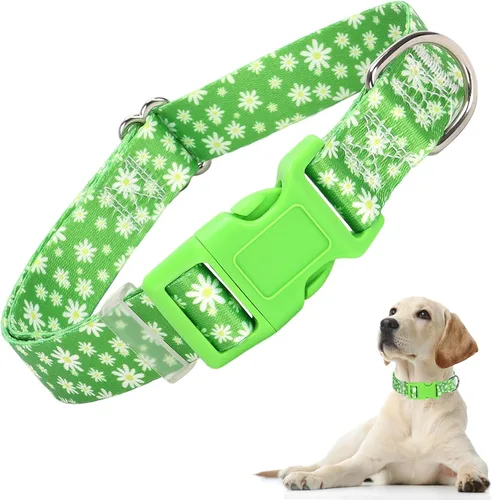 Vista 8 de Lindo collar de perro con patrones de flores verdes para perros machos y hembras, collares ajustables y cómodos para perros XS, pequeños, medianos