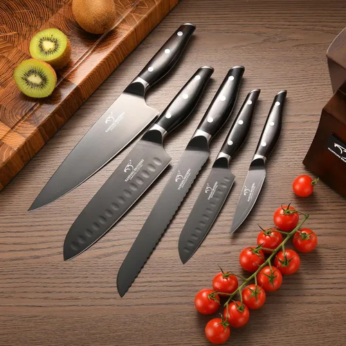 Vista 4 de NANFANG BROTHERS - Juego de cuchillos de damasco de 7 piezas con bloque, mango de madera de ébano Damasco negro titanio chapado