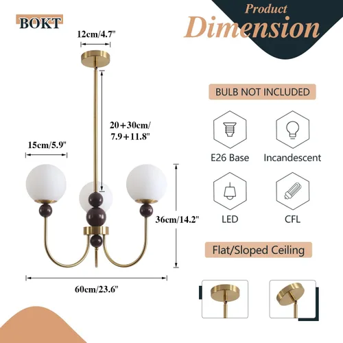 Vista 2 de BOKT Candelabros de cristal con forma de globo de mediados de siglo, moderna lámpara dorada para casa de campo, con barra ajustable, lámpara