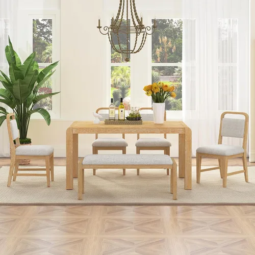 Vista 10 de Juego de mesa de comedor rústica de 6 piezas con mesa rectangular de caballete y 4 sillas tapizadas y banco, juego de mesa de comedor de cocina