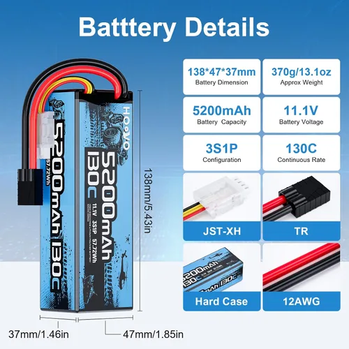 Vista 2 de HOOVO Batería Lipo 3S, 5200mAh 130C 11.1V Lipo batería rígida con enchufe TR, batería RC para coche RC, barco RC, camión RC, modelo de carreras RC
