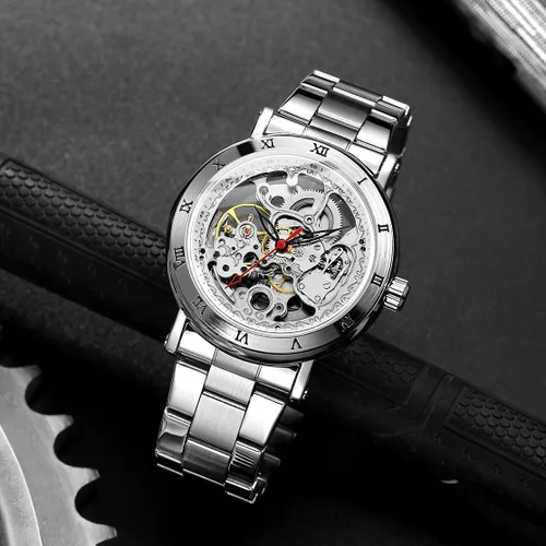 Vista 2 de Sweetbless Reloj de pulsera mecánico hombres tallado esqueleto auto viento relojes transparente, plateado, Classic