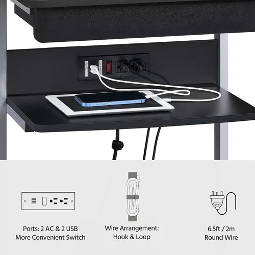 Vista 5 de Yaheetech - Escritorio pequeño para computadora con toma de corriente, carrito para laptop, color negro A Small Rolling Desk with a Power Outlet