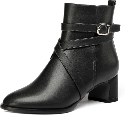 Vista 21 de WAYDERNS Botas altas de tobillo con hebilla casual para mujer, con correa de tobillo sólida mate, tacón bajo y grueso, 2 pulgadas