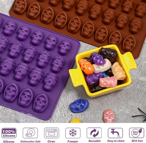 Vista 6 de Webake Mini Molde de Caramelo de Calavera con 4 Formas Diferentes, Molde de Silicona para Dulces y Chocolate con Calavera de Halloween de 36