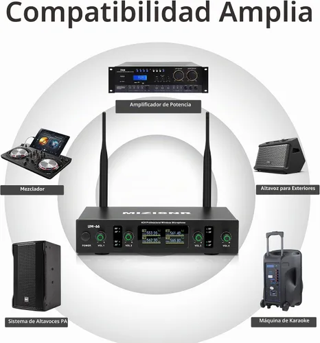 Vista 6 de Sistemas de micrófono inalámbrico UHF, juego de micrófono dinámico inalámbrico de 4 canales, conexión automática de transmisión de rango de 300 pies