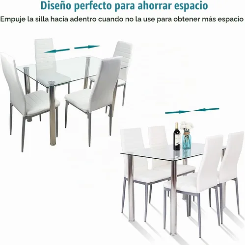 Vista 7 de Juego de mesa de comedor de 5 piezas, mesa superior rectangular de vidrio templado de 43 pulgadas, 4 sillas de cuero con respaldo alto, juego