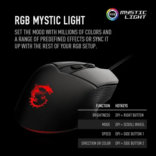 Vista 3 de MSI Clutch GM20 Elite - Mouse para juegos 6400 DPI interruptor OMRON de 20 M clics sensor óptico pesas ajustables diseño ergonómico de mano derecha