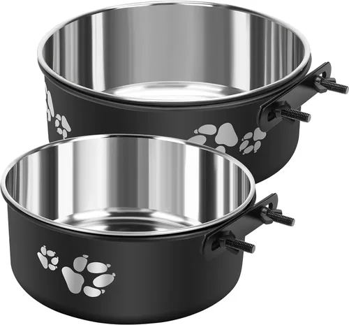 Vista 8 de Cuenco de agua para perrera, caja de acero inoxidable para perros, tazón de agua sin derrames, paquete de 2 cuencos colgantes para jaula de perrera